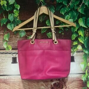 Michael Kors Bedford Top Zip Pocket Tote Handbag Pink Pebbled Leather 12x10